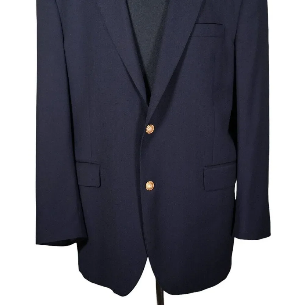 Jos. A. Bank Mens Blazer Blue 100% Wool Gold 2 Button Suit Jacket Sport Coat 44L